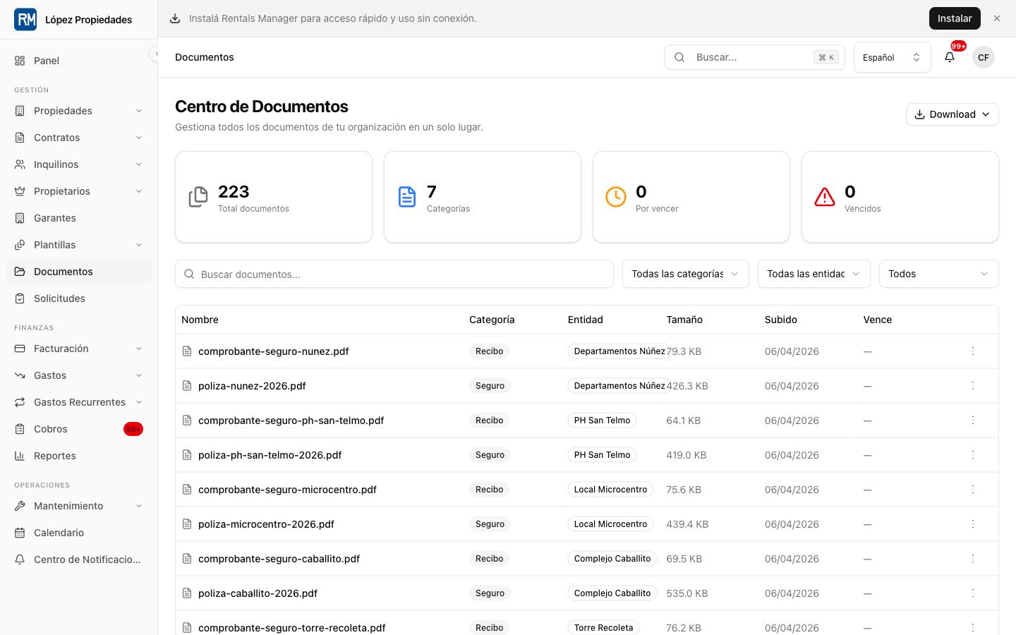 Área de documentos para plantillas, contratos, recibos, firmas y archivos operativos.